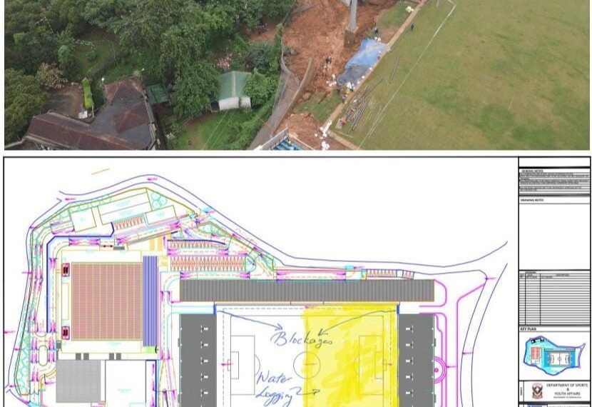 Blockages in drainage systems led to water saturation & accumulation in stadium resulting in retaining wall collapse