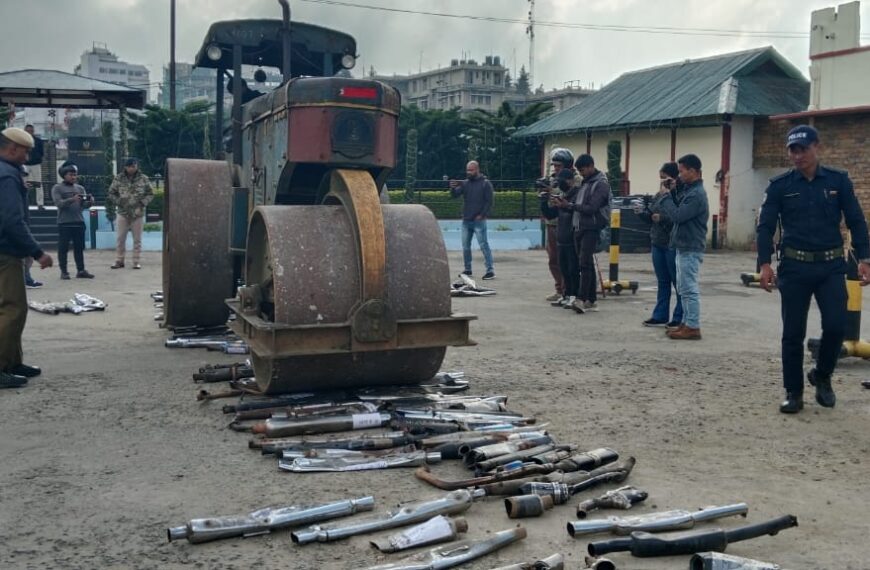 Shillong Traffic Police destroyed 181 modified silencers, duplicate or replica of exhaust pipes