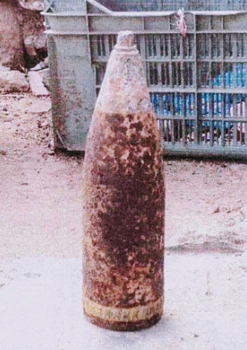 An unexploded military tank artillery shell recovered from Mawlynrei Nonglum, Shillong